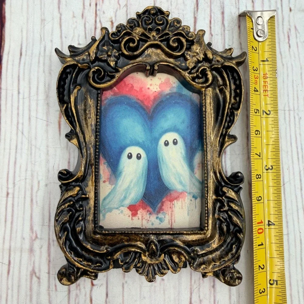 Ghost Couple Art Print in Ornate Gold Black Resin Frame Handmade Decoupage 5in